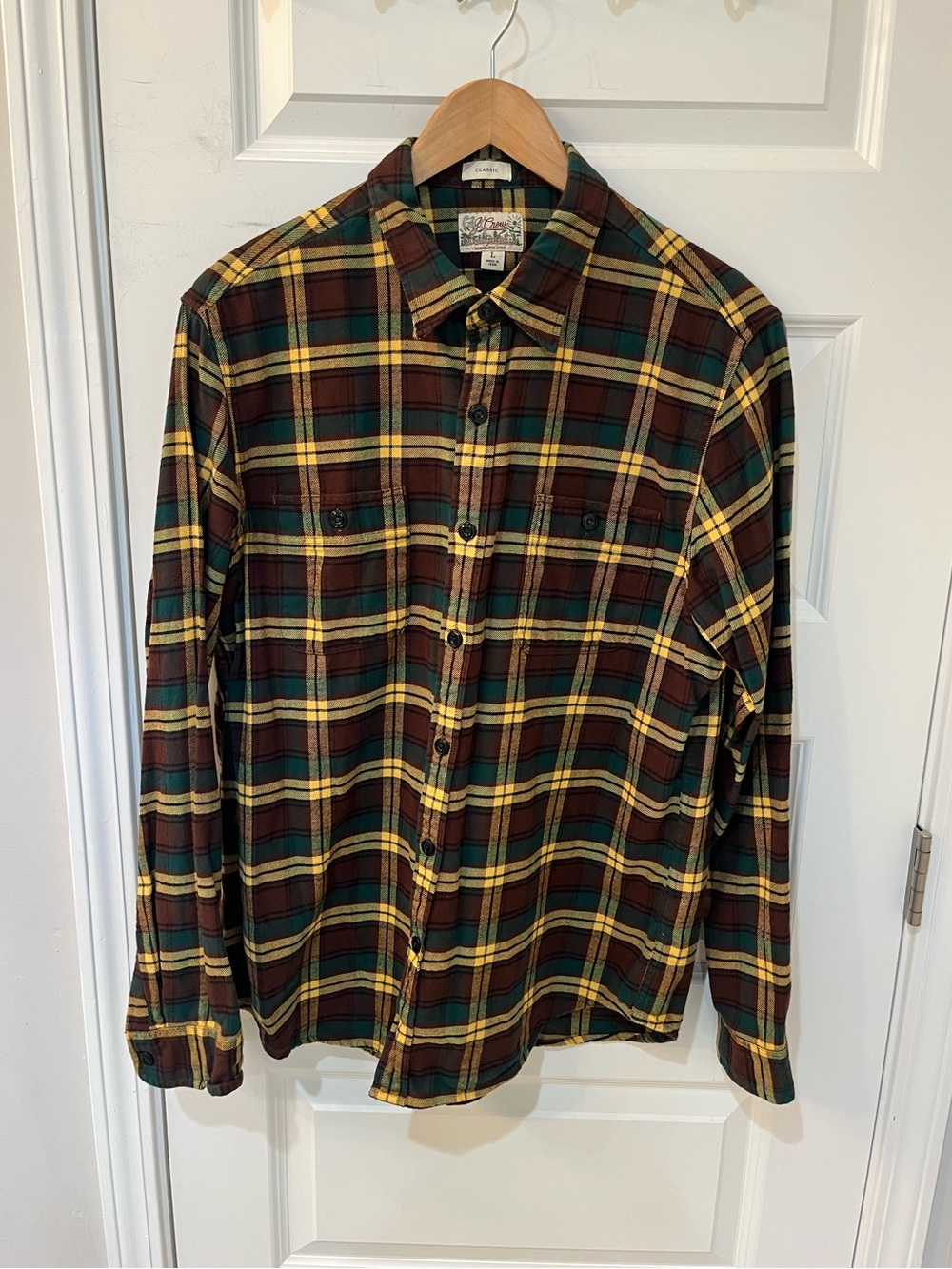 J.Crew Mid Weight Flannel‎ Regenerative Cotton Brown Plaid Shirt Mens Size Large